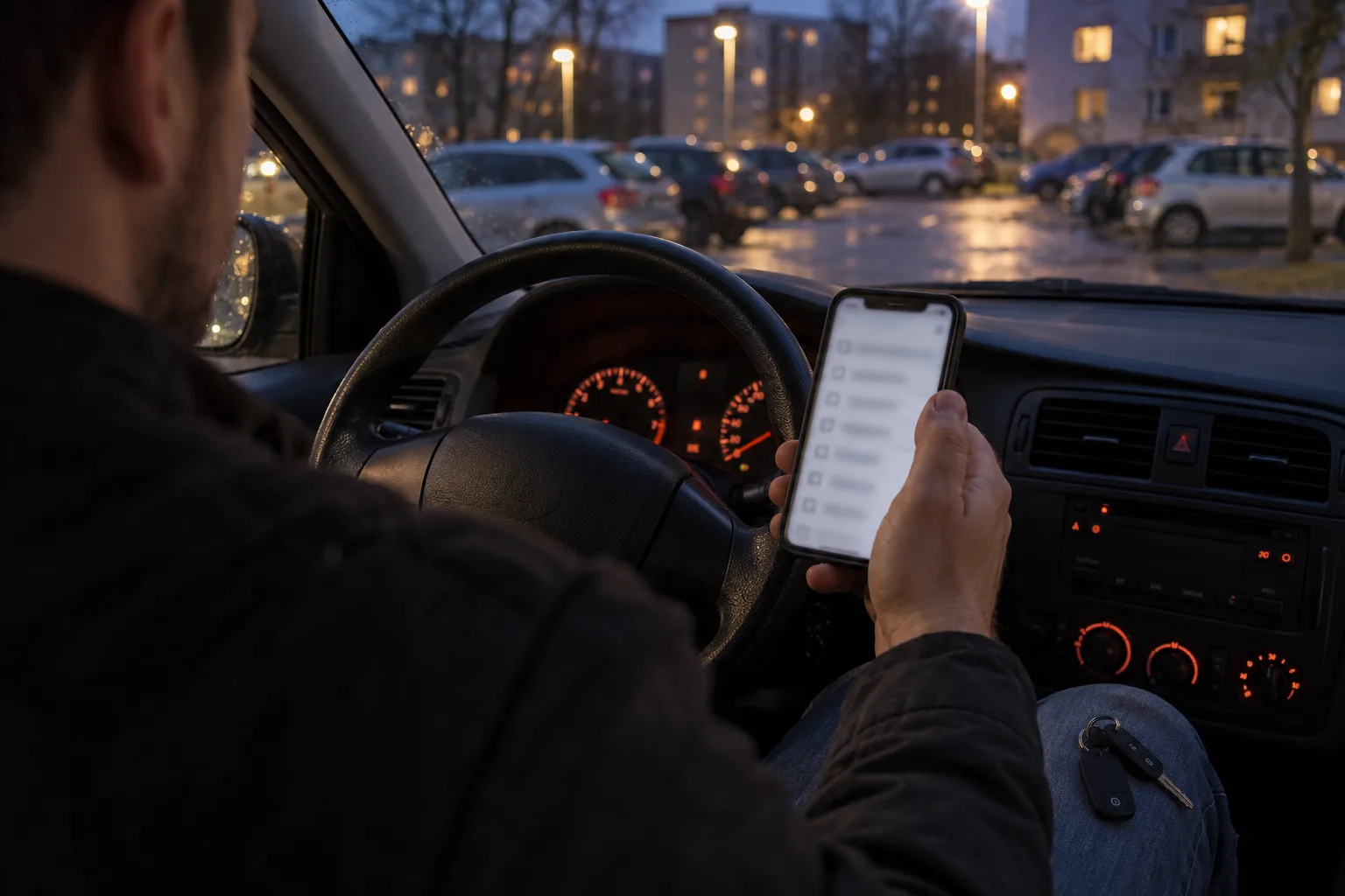 Mężczyzna w zaparkowanym aucie wieczorem trzyma telefon z listą, kluczyki leżą na kolanie