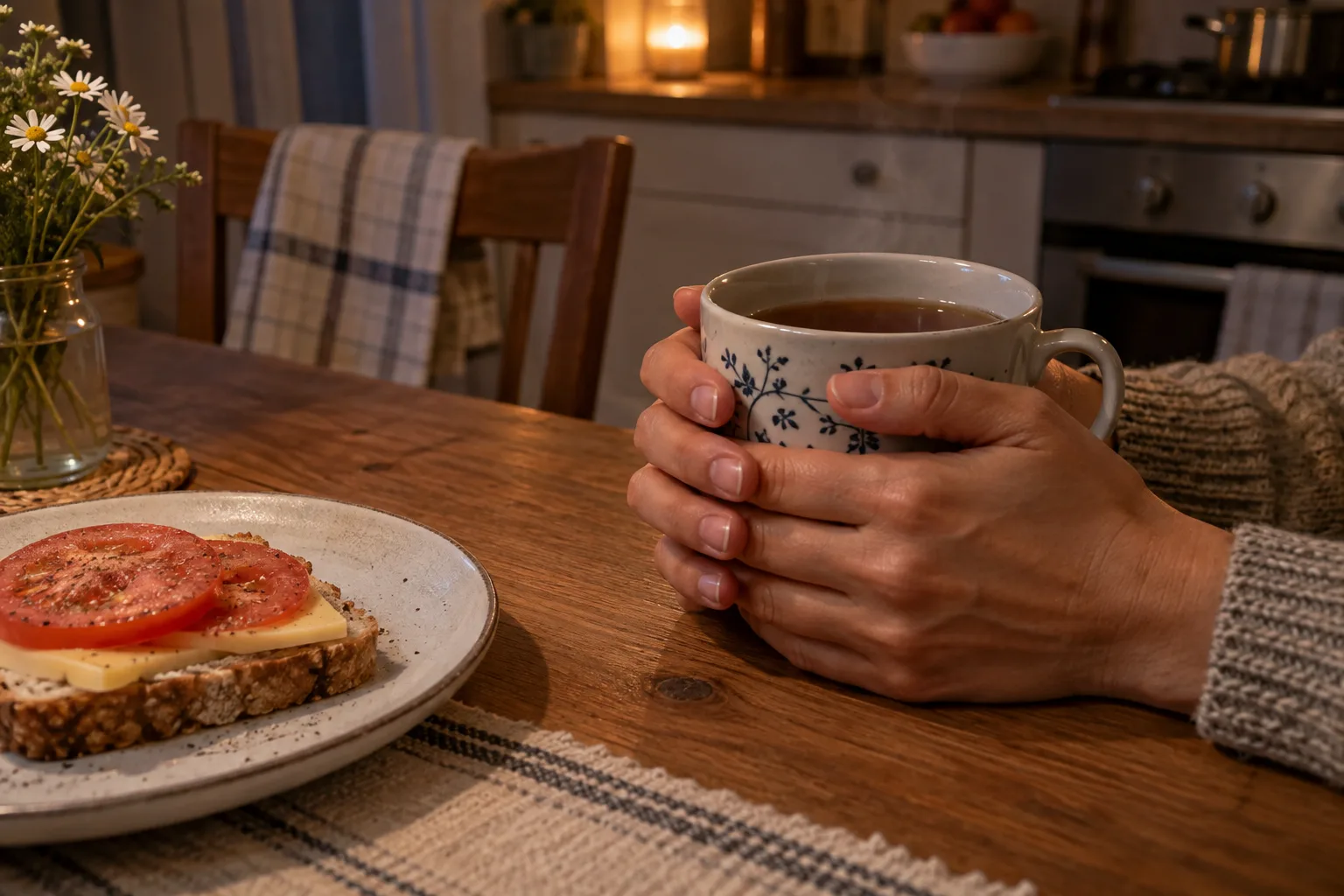 Dłonie obejmują kubek herbaty na drewnianym stole, obok talerz z kanapką z serem i pomidorem