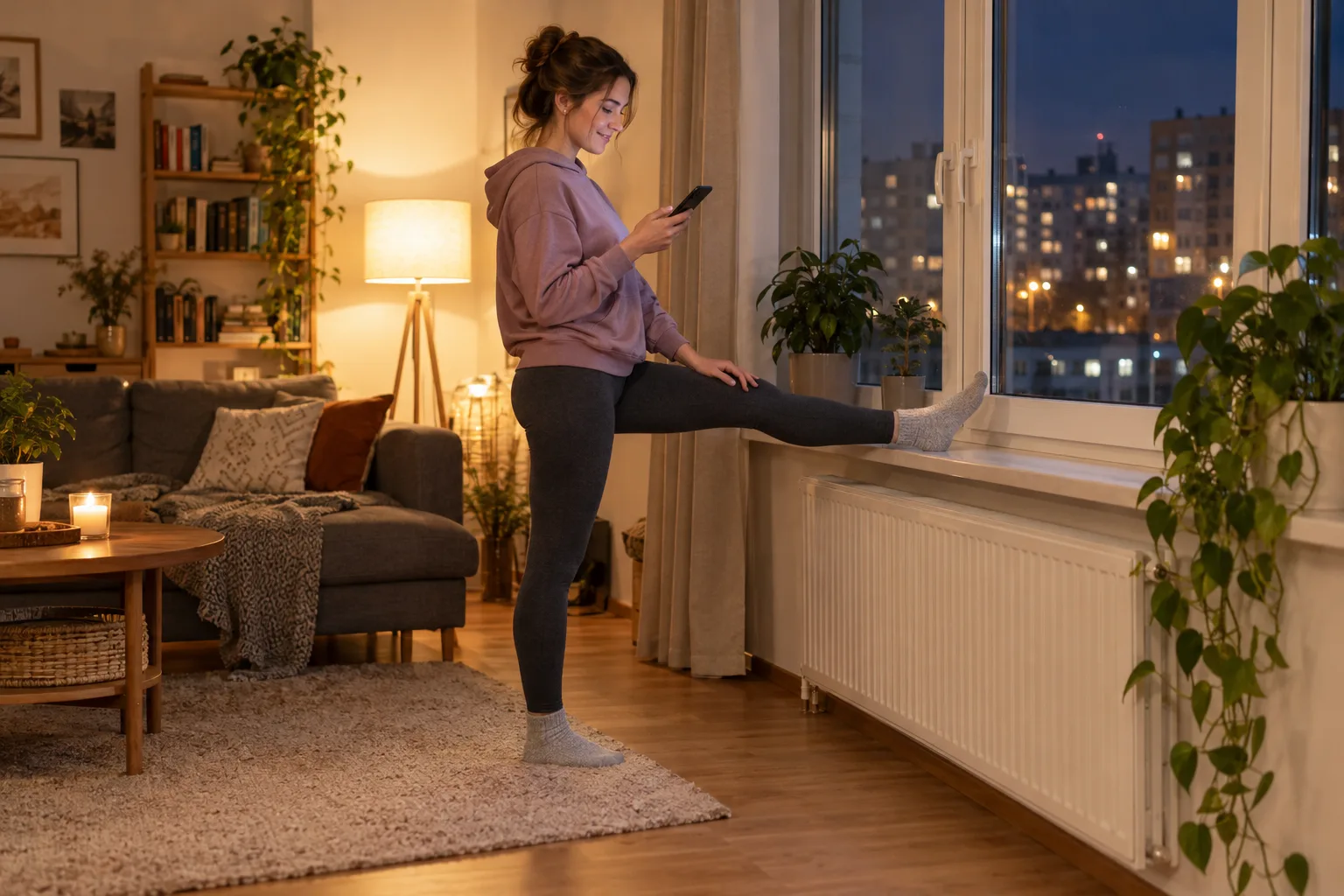Kobieta w legginsach i bluzie wieczorem opiera wyprostowaną nogę piętą na parapecie i z uśmiechem patrzy w telefon