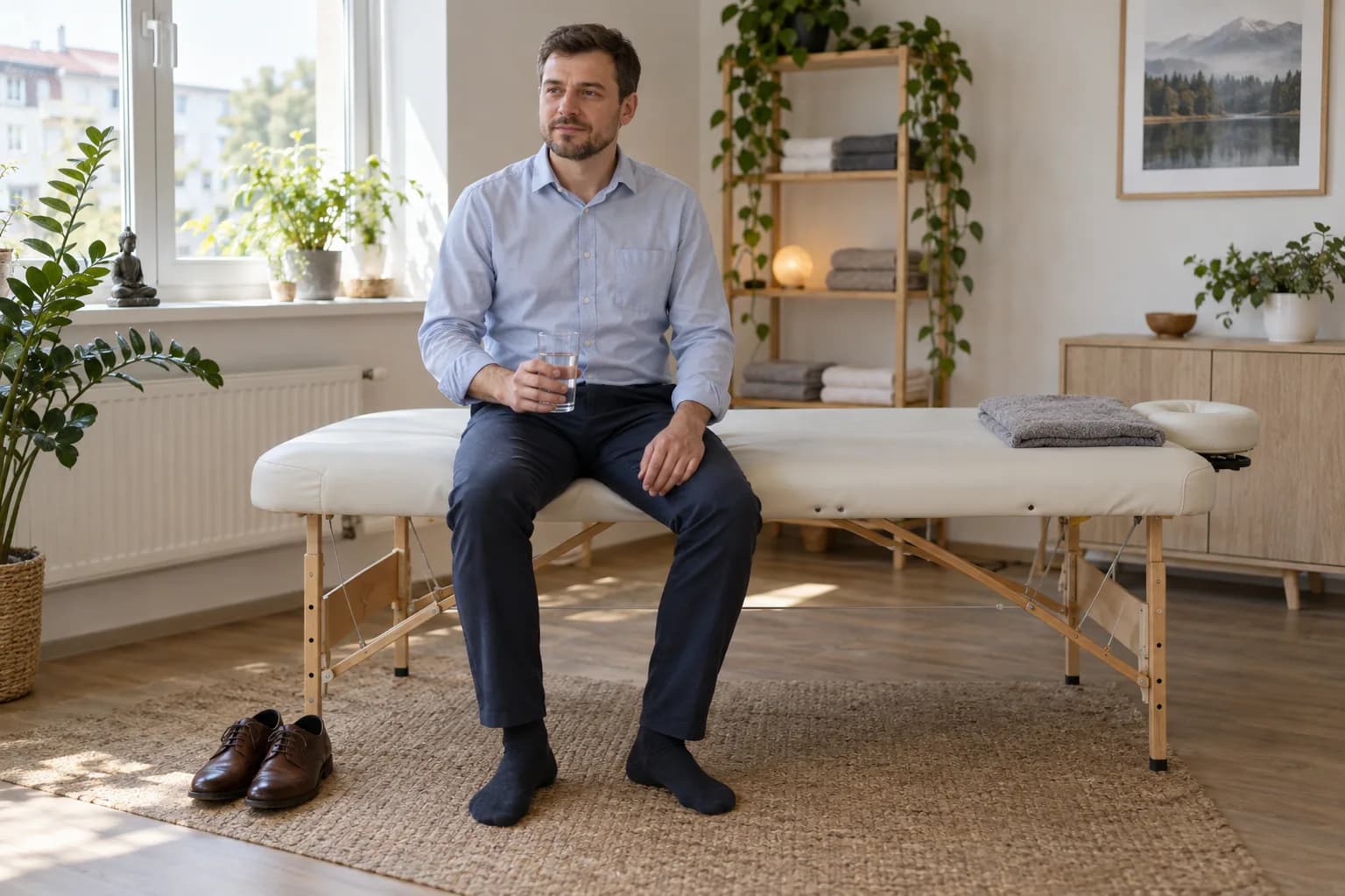 Ubrany mężczyzna siedzi na brzegu leżanki w gabinecie masażu ze szklanką wody, buty stoją obok na dywanie