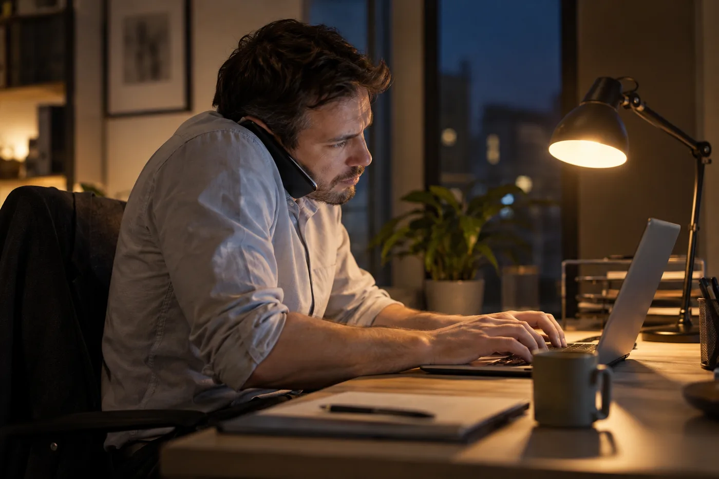 Mężczyzna przy laptopie wieczorem, głowa wysunięta do przodu, telefon przy uchu