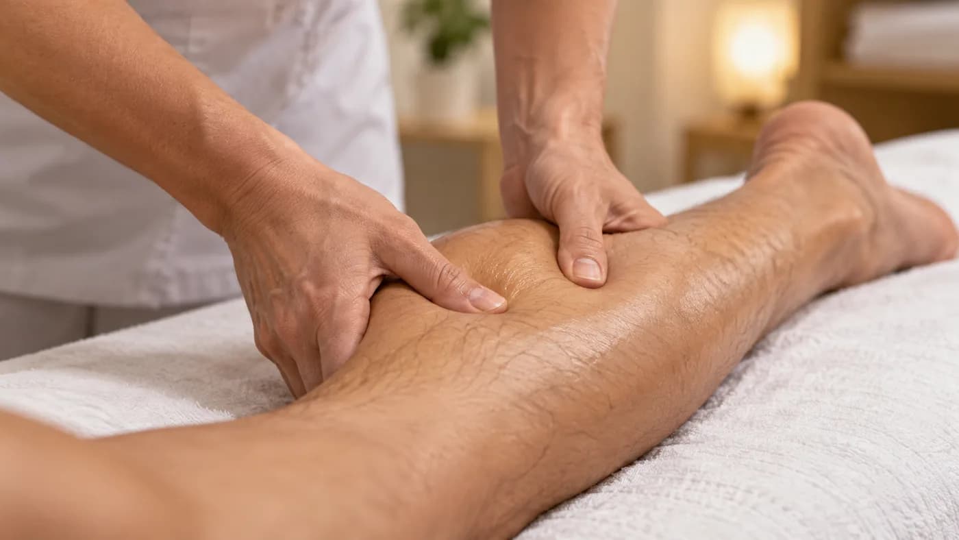 Zbliżenie dłoni masażystki pracujących na mięśniu łydki