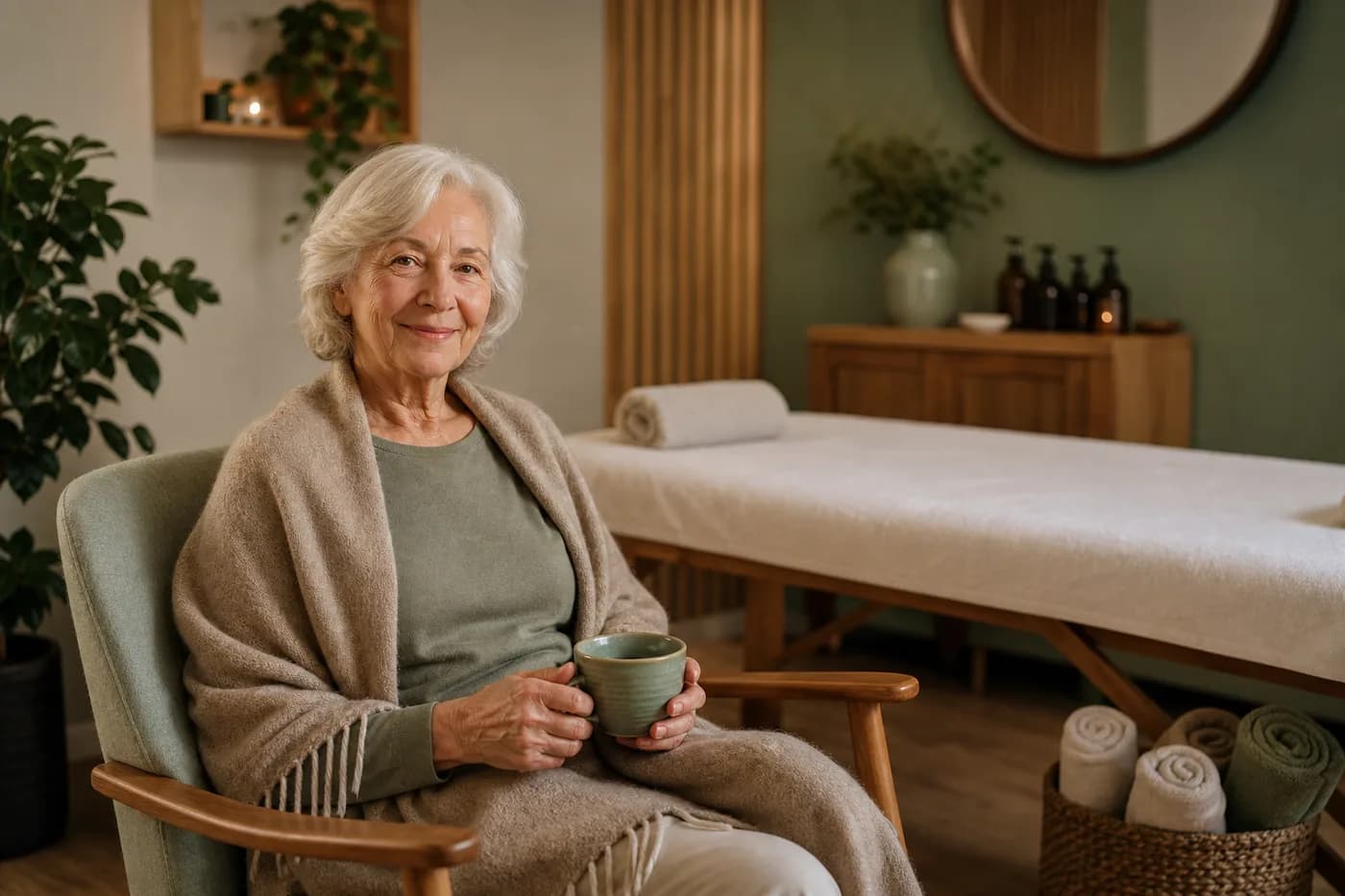 Starsza kobieta z kubkiem herbaty w fotelu w gabinecie masażu