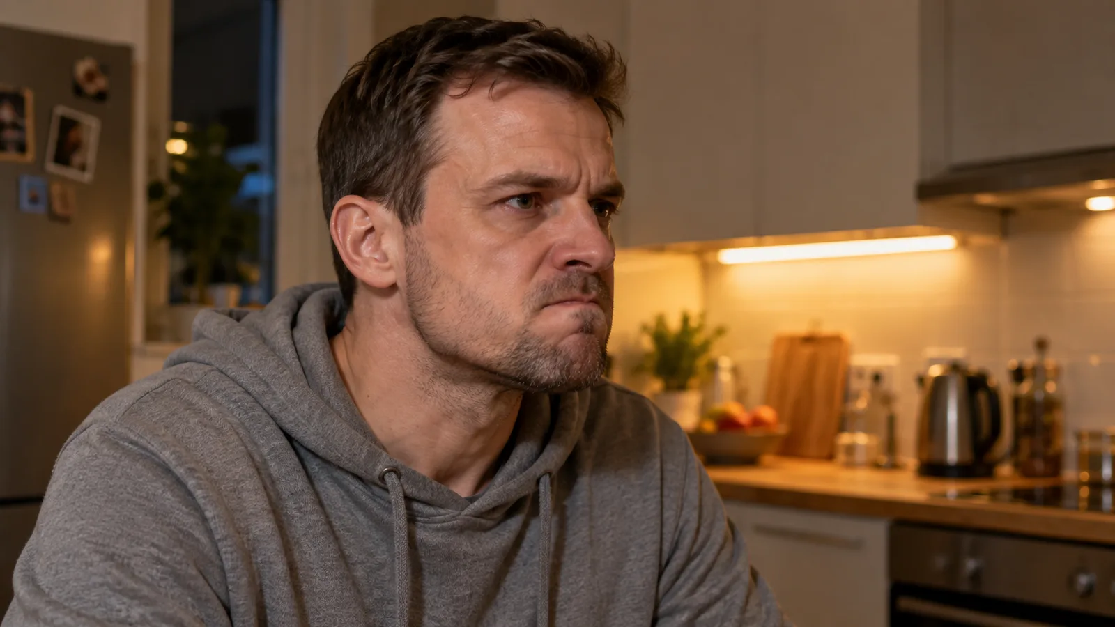 Mężczyzna z mocno zaciśniętymi zębami, napięty żwacz przy kącie żuchwy