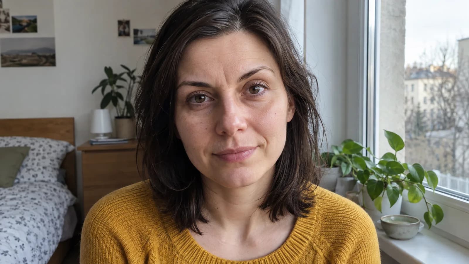 Twarz kobiety po trzydziestce: lekka zmarszczka między brwiami, drobne kurze łapki