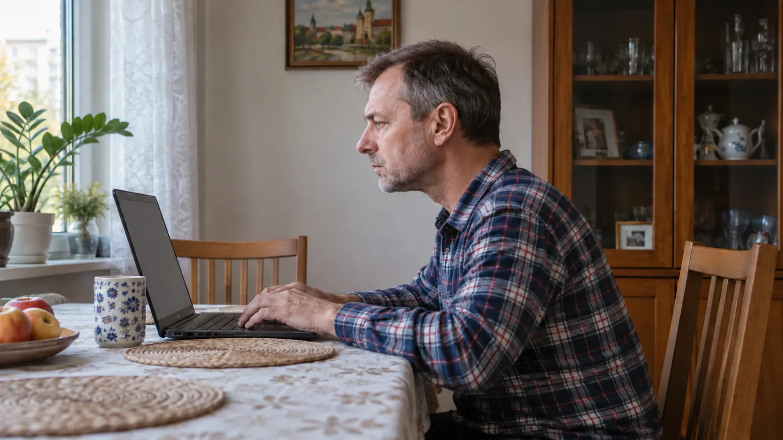 Ten sam mężczyzna: barki opuszczone, szyja dłuższa, głowa bliżej tułowia