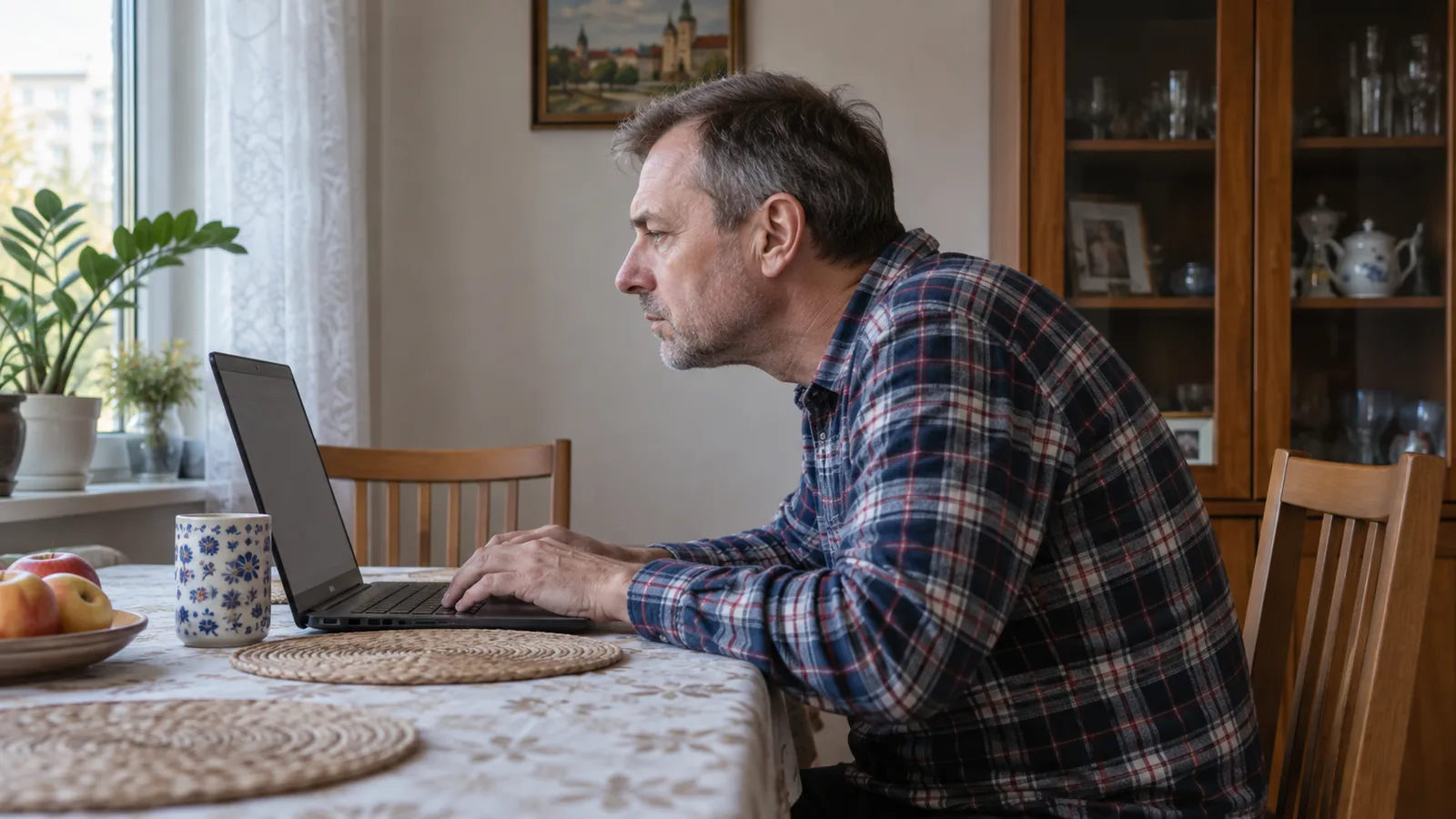 Mężczyzna przy laptopie z boku: barki pod uszami, głowa wysunięta do przodu