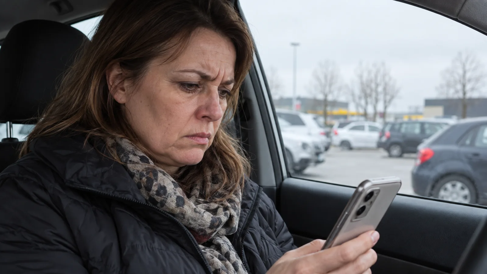 Kobieta w samochodzie patrzy w telefon ze zmarszczonymi brwiami i zaciśniętą szczęką
