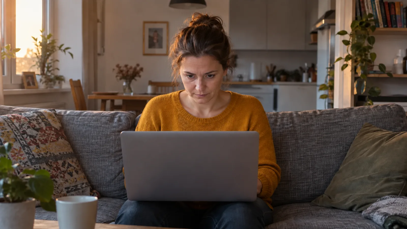 Ta sama kobieta przy laptopie z opuszczonymi barkami i dłuższą szyją