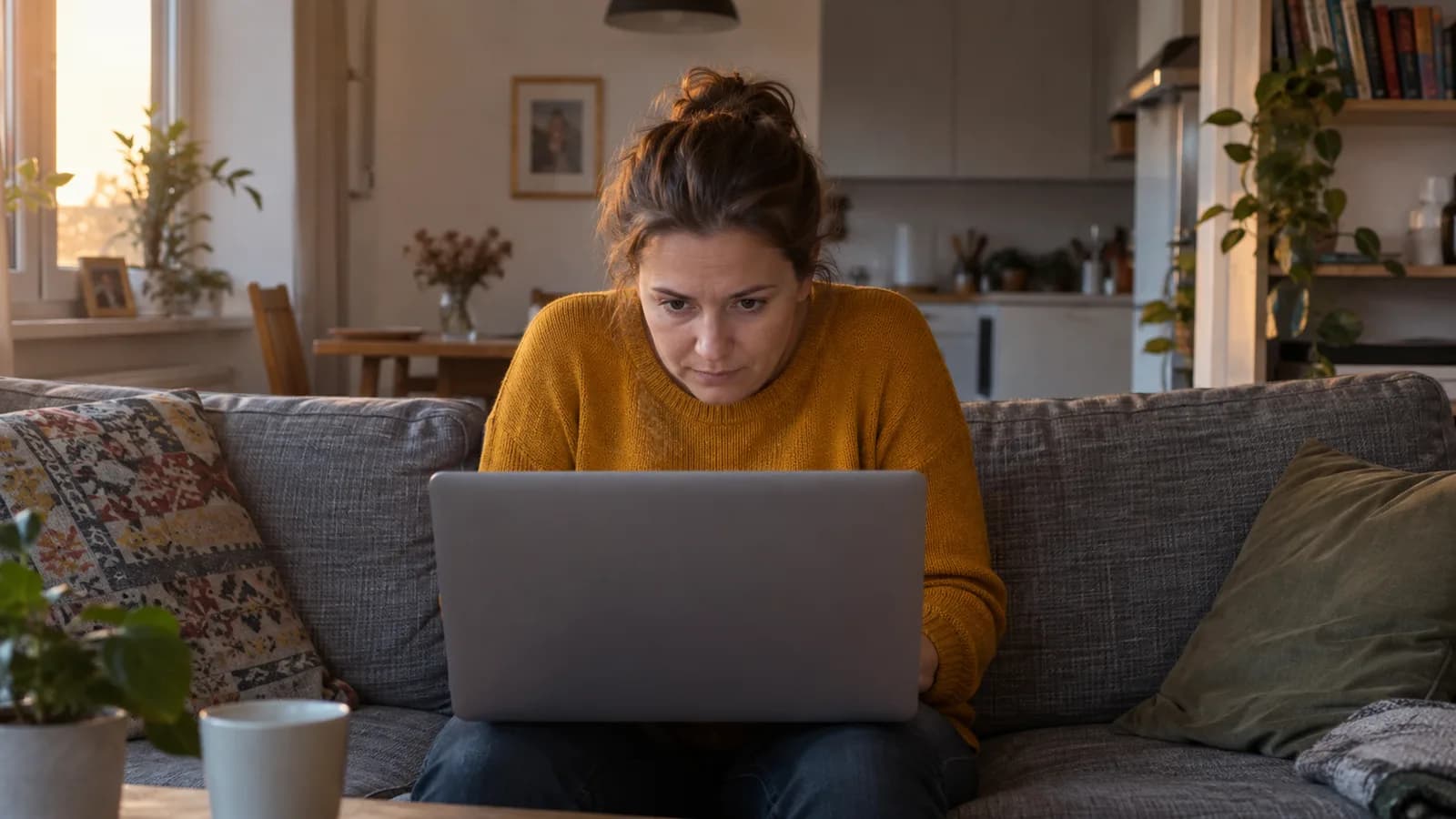 Kobieta przy laptopie z barkami podciągniętymi i zawiniętymi do przodu