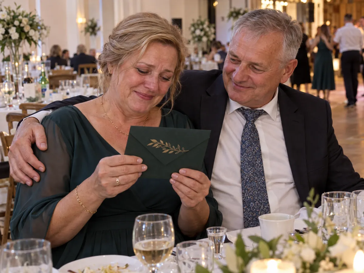 Para rodziców w eleganckich strojach przy stole na sali weselnej pod koniec przyjęcia, trzyma voucher na masaż w zielonej kopercie i uśmiecha się
