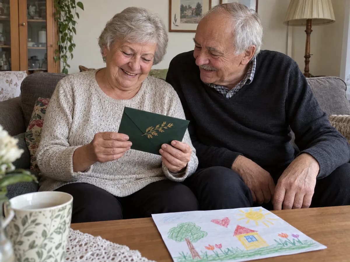Babcia i dziadek siedzą na kanapie w polskim mieszkaniu, trzyma voucher na masaż w zielonej kopercie i uśmiecha się