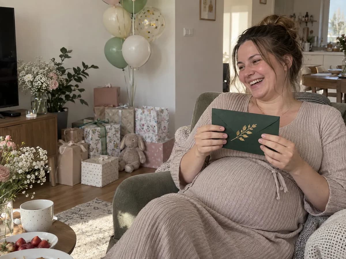 Młoda kobieta w zaawansowanej ciąży na przyjęciu baby shower w mieszkaniu, trzyma voucher na masaż w zielonej kopercie i uśmiecha się