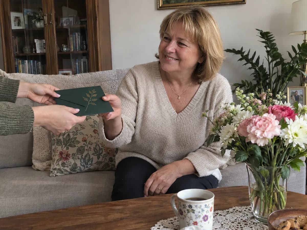 Mama siedzi na kanapie w salonie, trzyma voucher na masaż w zielonej kopercie i uśmiecha się