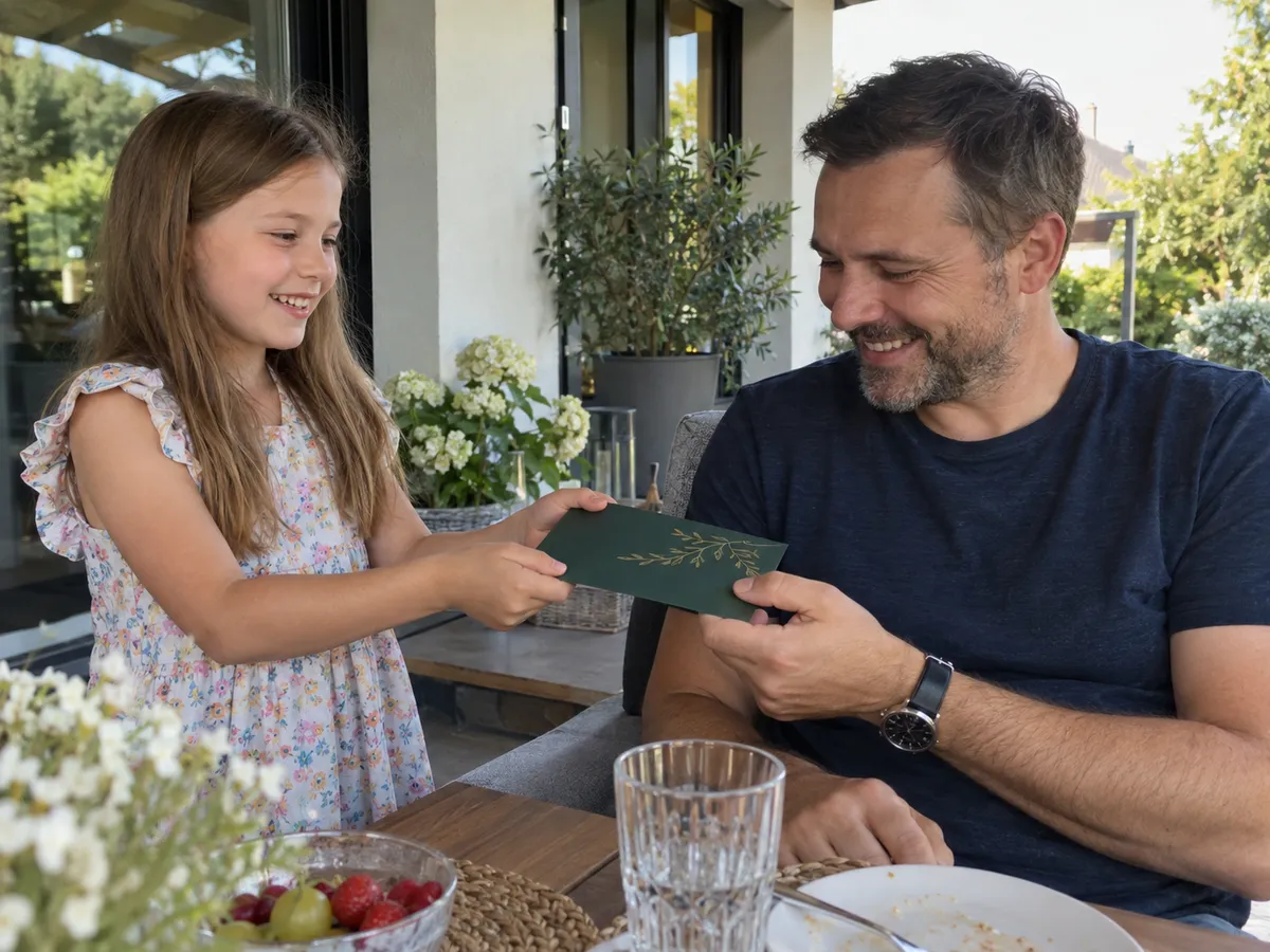 Tata na tarasie domu, trzyma voucher na masaż w zielonej kopercie i uśmiecha się
