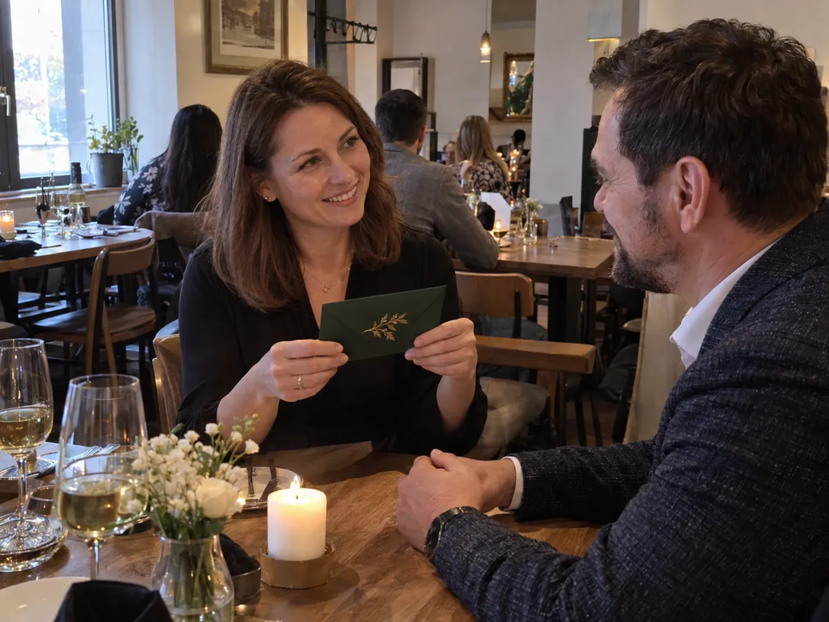 Para przy stoliku w spokojnej restauracji, trzyma voucher na masaż w zielonej kopercie i uśmiecha się