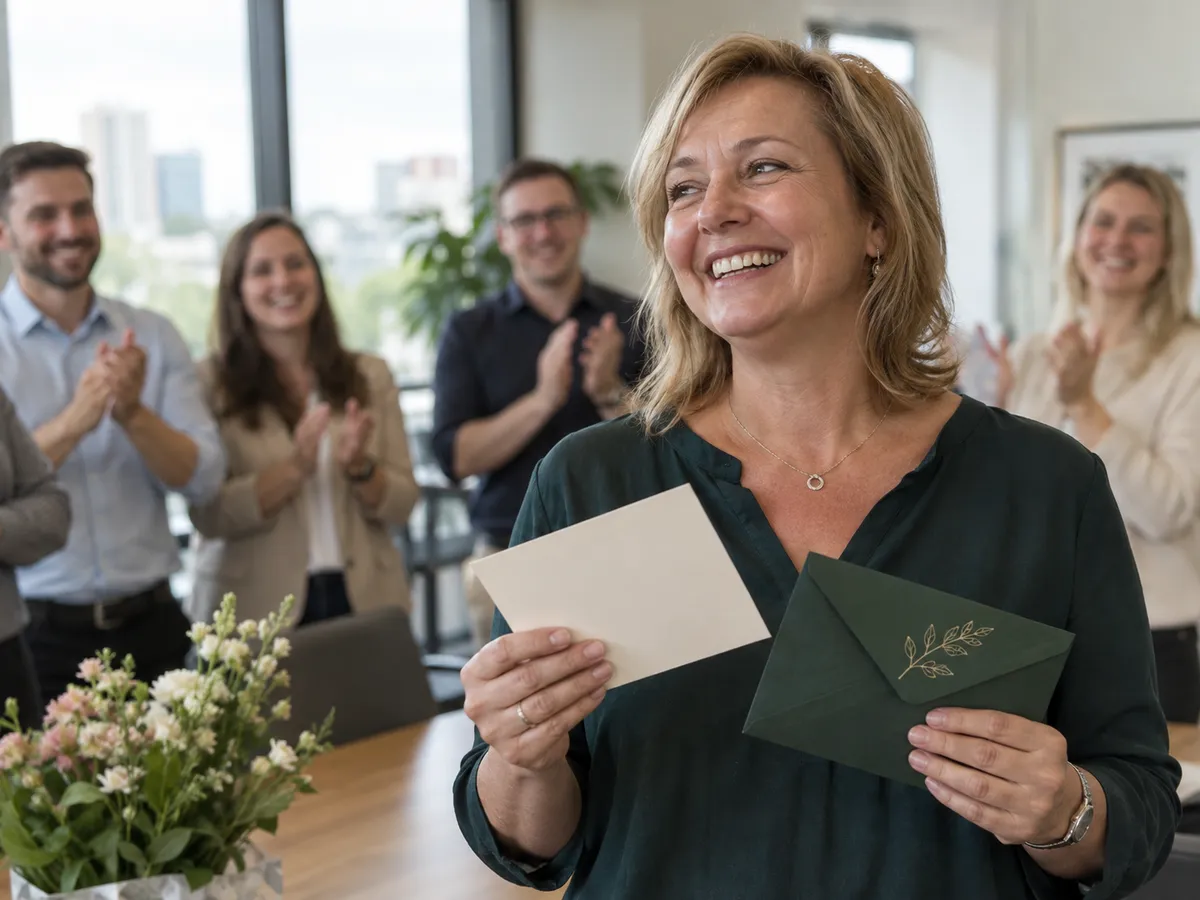 Kobieta w biurze, trzyma voucher na masaż w zielonej kopercie i uśmiecha się