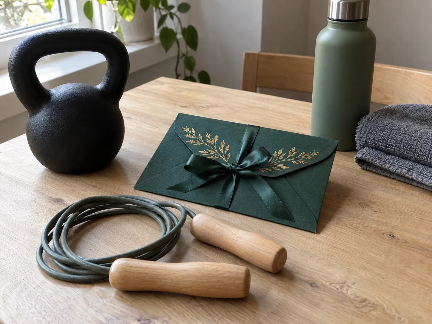 Voucher na masaż w zielonej kopercie obok czarnego odważnika kettlebell, skakanki z drewnianymi uchwytami i bidonu