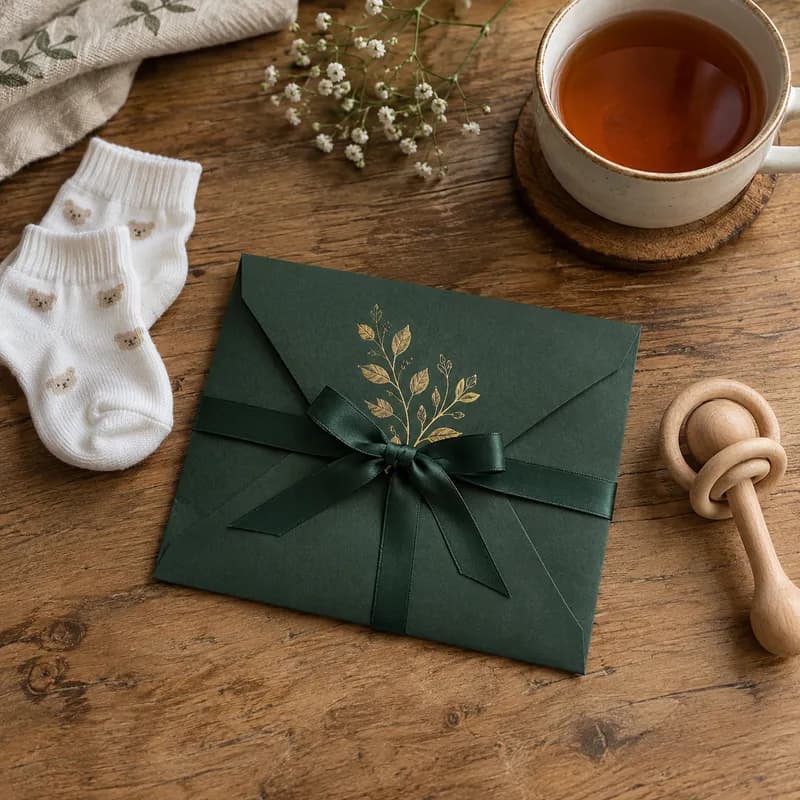 Voucher na masaż w zielonej kopercie – Voucher na masaż na baby shower – prezent dla młodej mamy